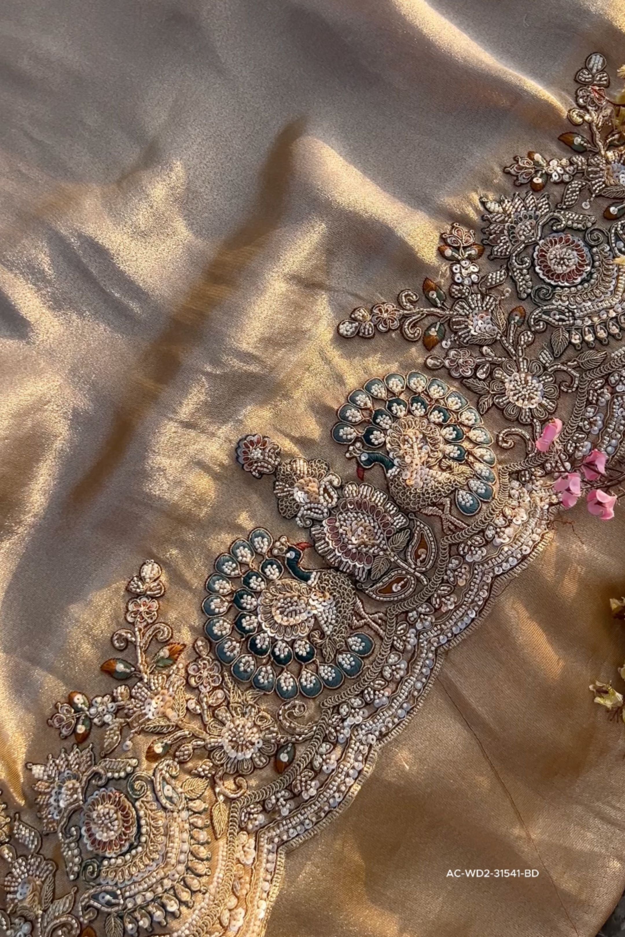 Golden Tissue Unstitched Saree Embellished With Sequins, Dori, Dabka & Cutdana Work